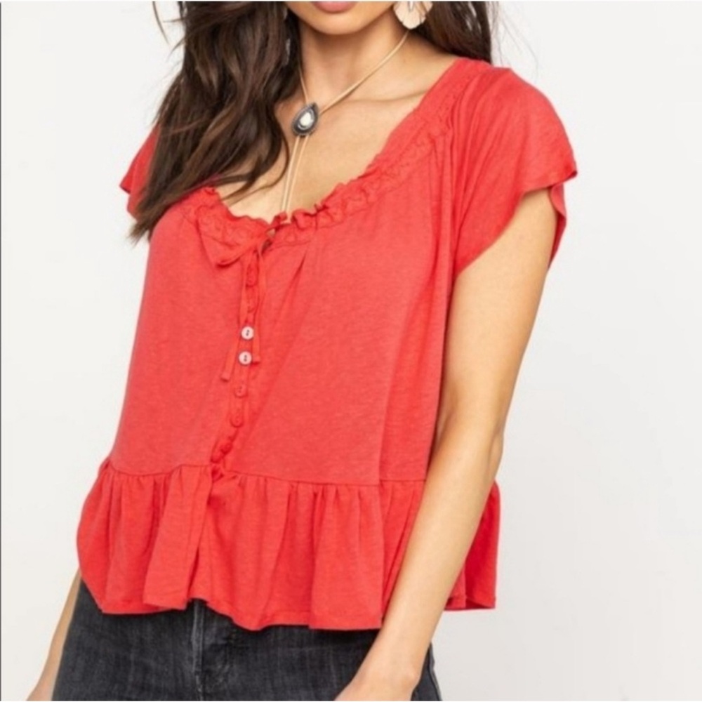 Free People Charlie Tie Ruffled Peplum Red Soft Tee Blouse